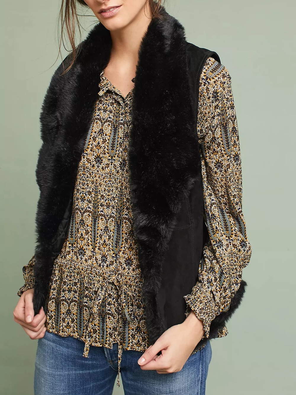 Anthropologie Michael Stars Black Goat Suede Faux Fur Vest Size M